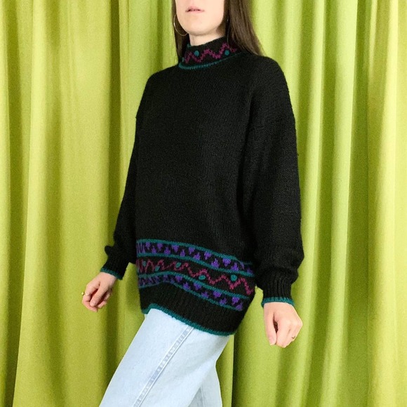 90s Vintage Black Purple and Teal Abstract Print Knit Turtleneck Sweater - Picture 3 of 5